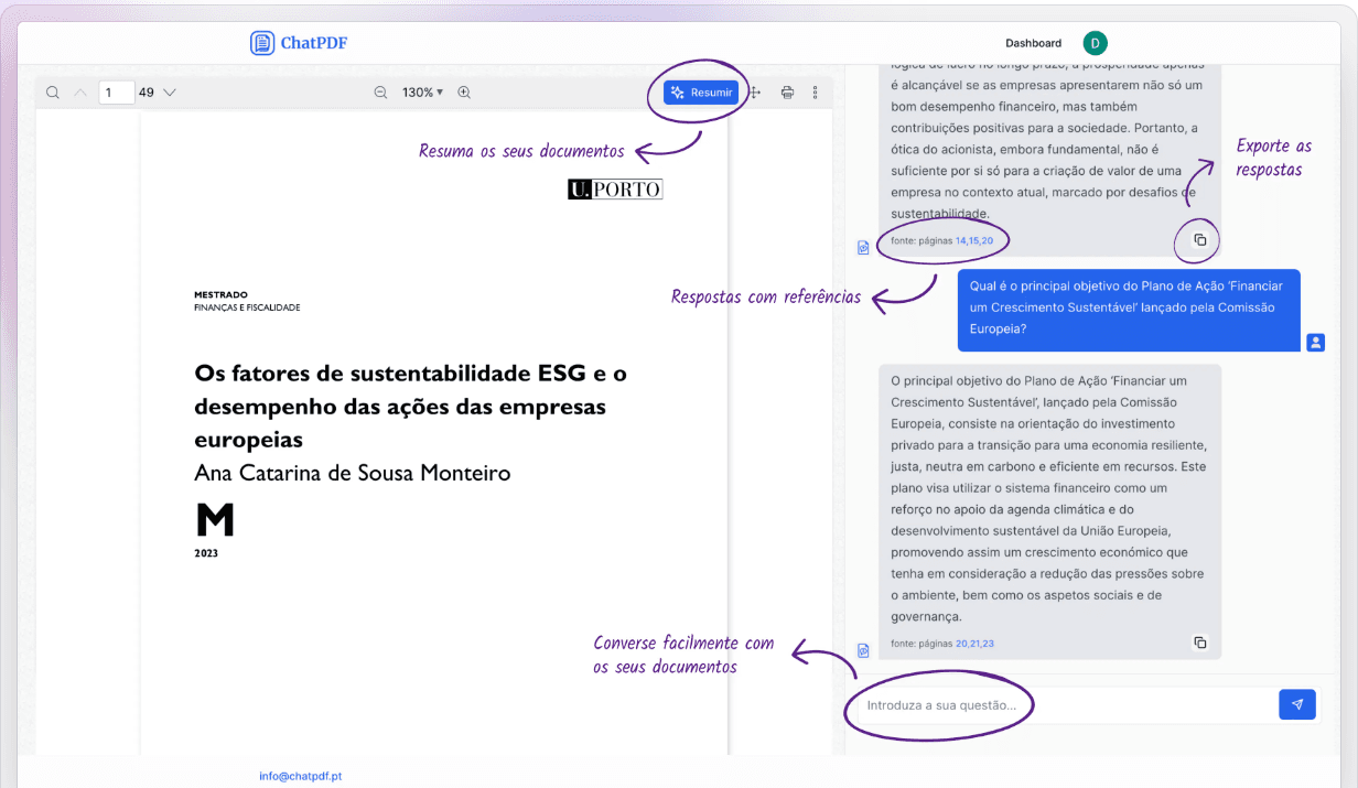 ChatPDF interface showing a chat response with page-number source citations
